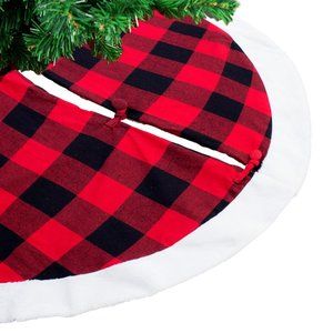 52" Round White Faux Fur Trim Red & Black Buffalo Plaid Christmas Tree Skirt
